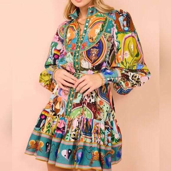 Fun Cute Long Sleeve Mini Shirt Dress with Colorful Graphic Print Az S M L XL 2X - Picture 5 of 10